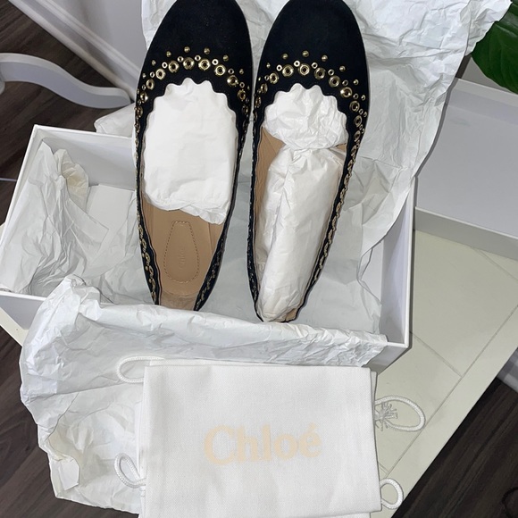 NWT Chloé Black Suede Scalloped Gold Studded Ballet Flat - Picture 13 of 16